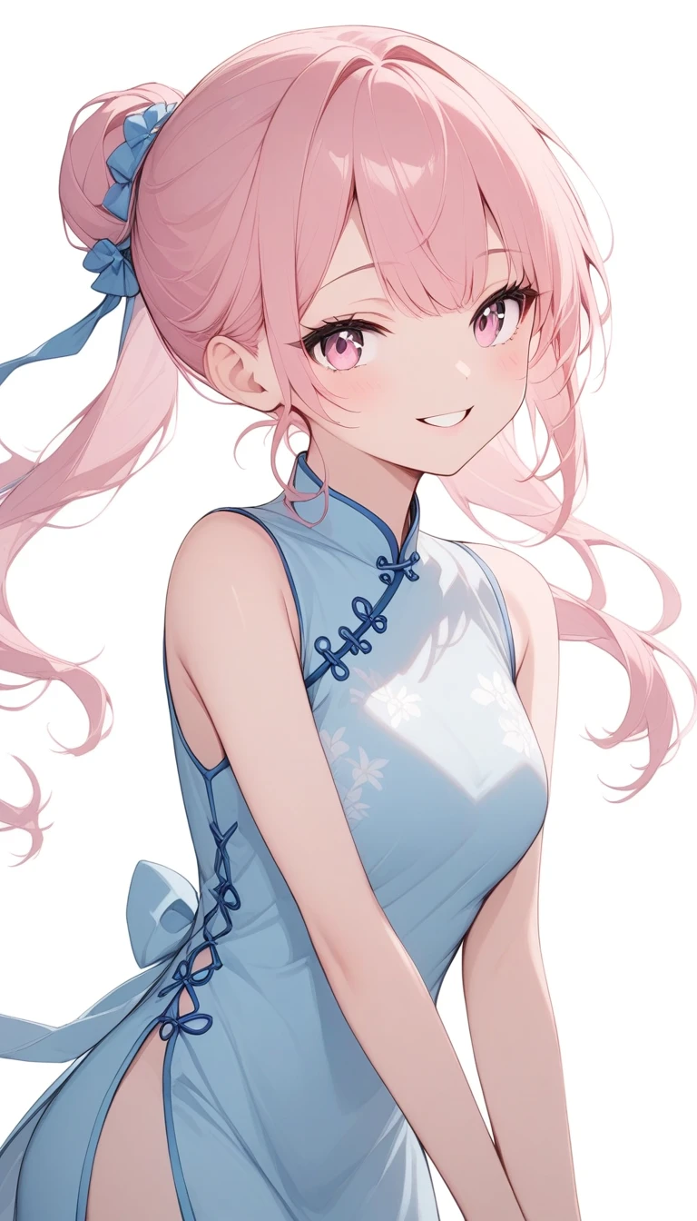 {{masterpiece}}, The best quality of life, 超High resolution, Attention to detail, high quality, High resolution, 最high quality, 4K, 8k,Attention to detail,((Pink long hair、Hair tied up))) 、One person, 1 female、,((Perfect pink eyes、Exquisite makeup)) ,((White background))、(((White and light blue Chinese dress))、Cute Smile、Cowboy Shot、Watching Me