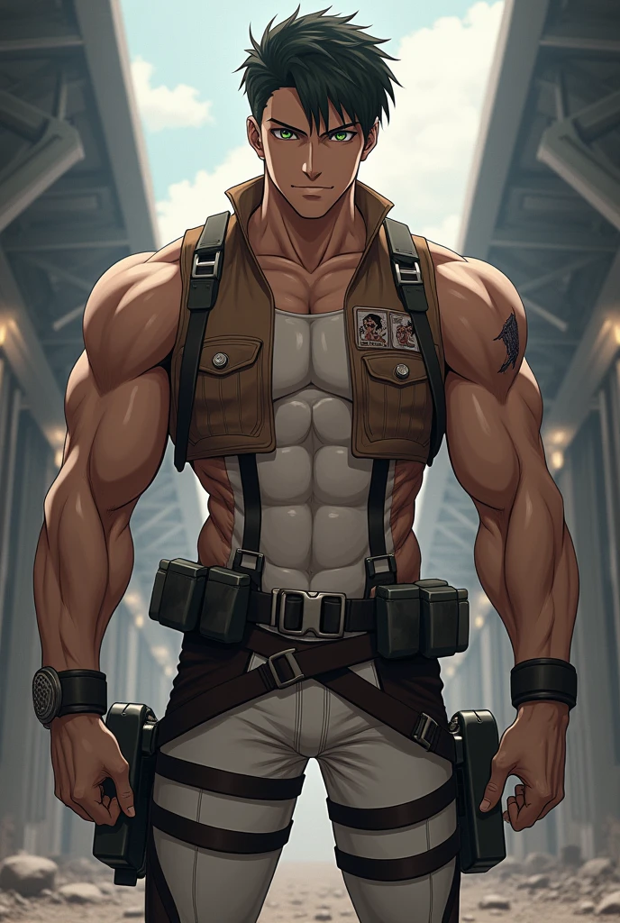 A muscular teenager in the Attack on Titan recon uniform, tightly fitting his body, highlighting every part. .