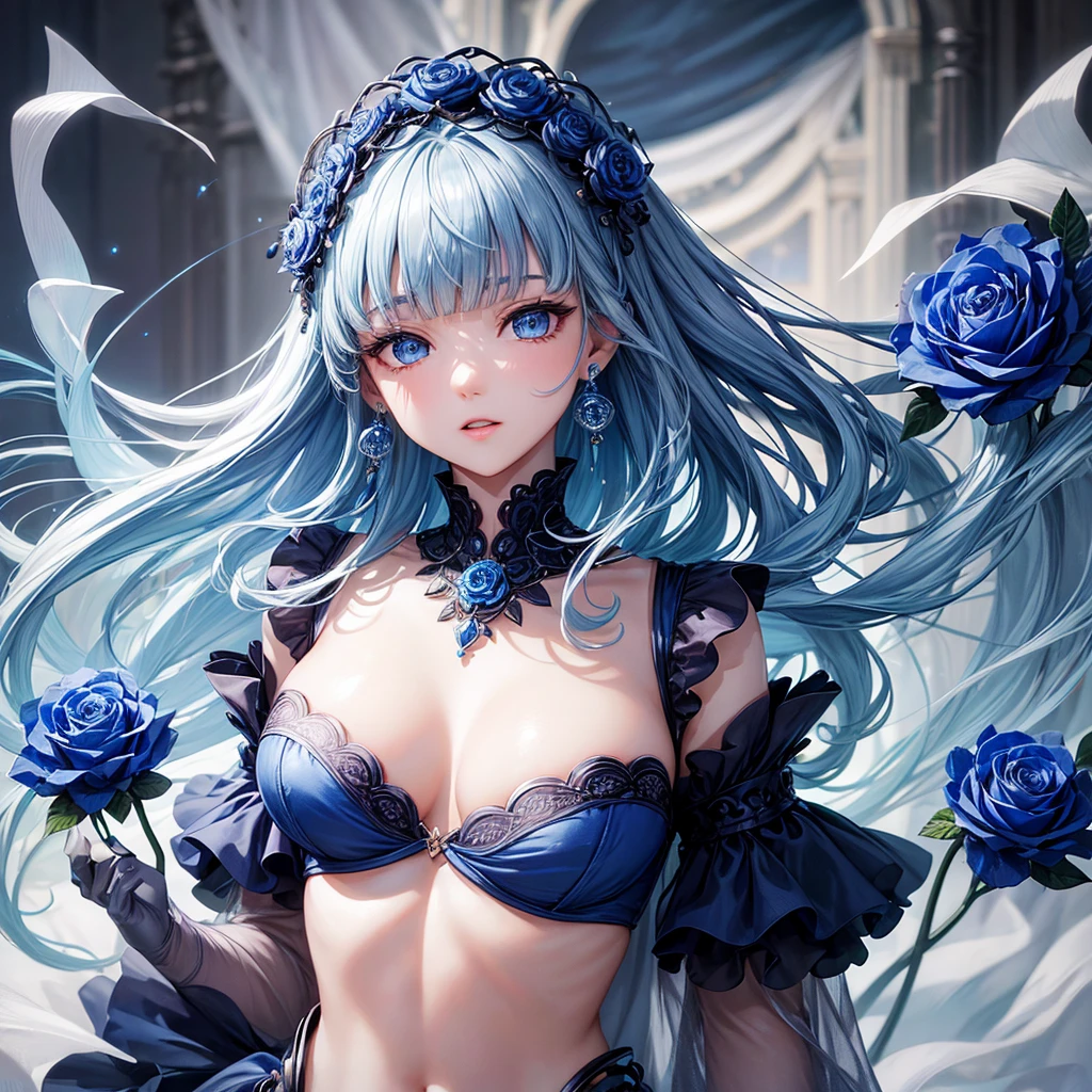 ((Highest quality)),(Ultra-high resolution),A very deep blue rose dress,Highly detailed CG Unity 8k wallpaper, Cool, lots of Earrings, Earrings, Blue hair, Curly Hair, Blunt bangs, Straight bangs, Blue eyes, White skin, Gal, Improve、Flat Chest、Reduce exposure