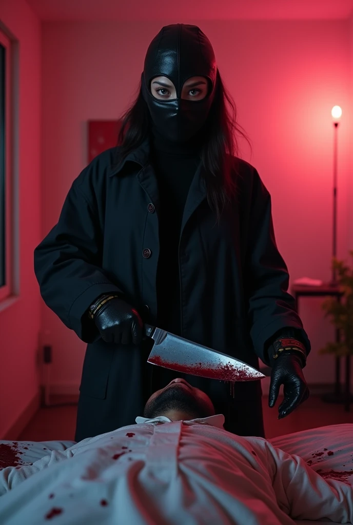 korean girl, (behind stiff, holding knife), stabbing, leather balaclava mask, black gloves, black raincoat, bloody knife, black gloves, woman on top, behind cadaver, blood splatter, on the bed, looking at viewer, mass murderer, killer, blood splatter, dark atmosphere, cinematic lighting, atmospheric realistic, [pink room:0.5]
