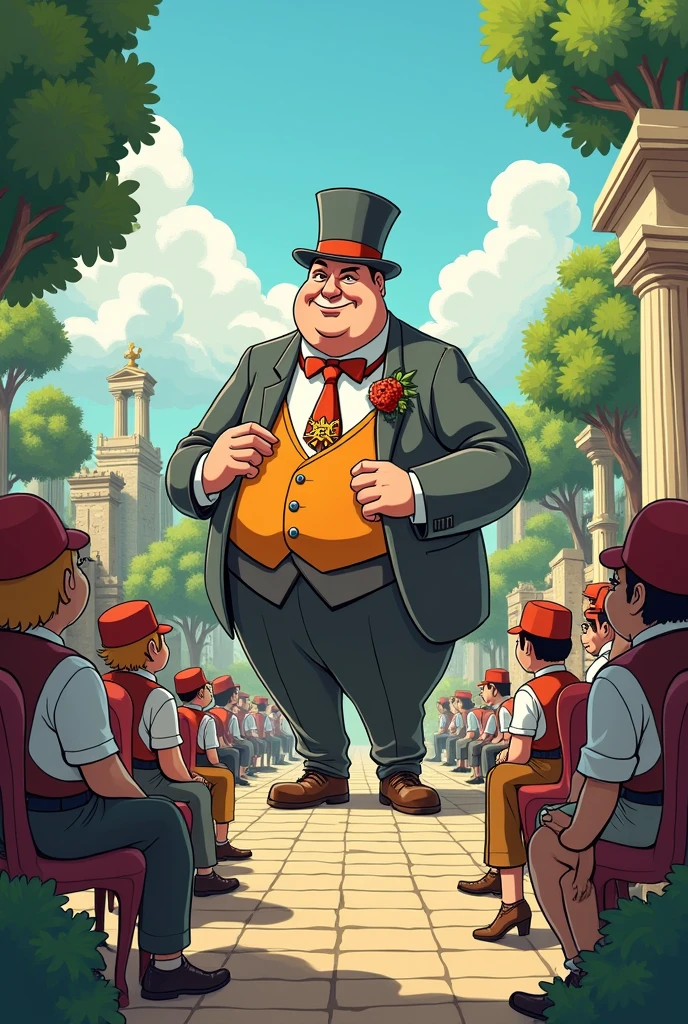 Let's create a cartoon about a historical park of Bulgaria, where the boss has an obsession with grandeur, and his subordinates are ready to die for him, no matter if he manipulates them financially