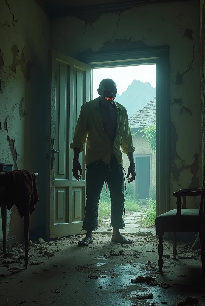 Abandoned village, room with zombie smiling at you
