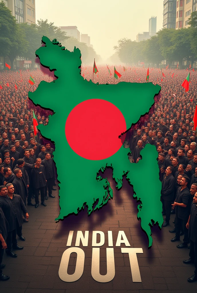 The people of Bangladesh are protesting together, huge people will have Bangladesh flag in their hands, in the middle there will be a big flag and there will be a map of Bangladesh. (India out) mast be written on the ground 3D .