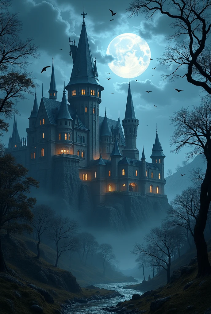 A wizard school but don't copy it make it creative and full school should be seen make a full school in one photo and in background night it should be moon and long trees besides the school and some birds. The scenary should be thuder weather you can add shaders too note that school should be huge and the view should be from third person from top