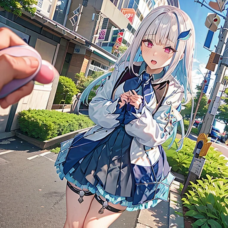 Highest quality, High resolution,(Ahegao),blush, fingering, schlick, masturbation, lh1, hair ornamnet, long hair, long sleeves, pleated skirt, blue thighhighs, 手链, frilled skirt, white jacket, white shirt, blue skirt, thigh strap,(Anatomically correct), Saliva stringing, Standing leaning forward,Inner thighs,remote_vibrating,remote_play,Anatomically correct,