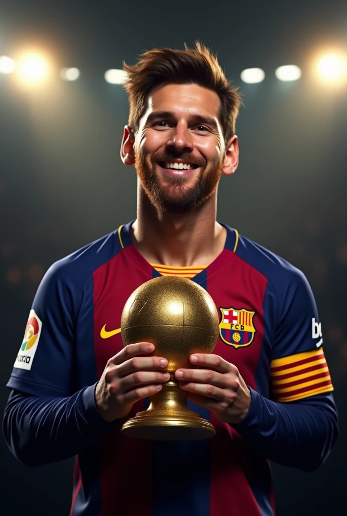 A close-up of Messi holding his 6th Ballon d'Or trophy, smiling proudly. The background should be elegant, perhaps a dimly lit stage with a spotlight focused on him, showcasing this prestigious moment.The ballon d or should be big enough to be highlighted.Hyper realistic