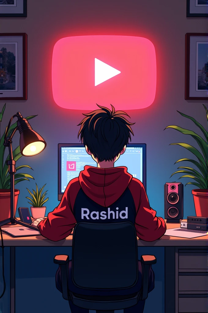 create a image of a 18 years anime boy sitting in front of a computer desk with a microphone and laptop wearing red and black hoodie with the channel name on it rashid tha background includes a large youtube logo on tha wall potted plants on either side and various recording equipment