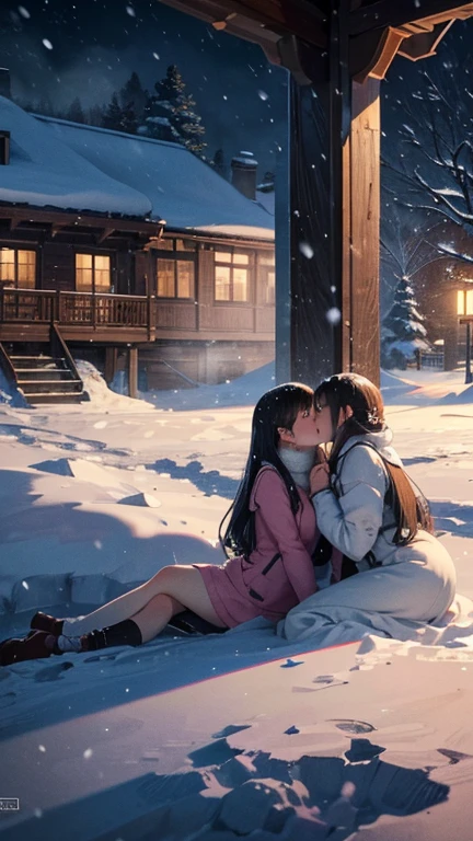 best quality, high quality, ultra quality, 8k, masterpiece, detailed, extremely detailed, insanely detailed, ultra detailed, ultra highres ,exquisite, Snow Scenery,(Snowing Town), (Two women kissing:1.2),(Snow is falling)