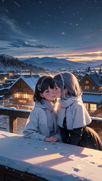 best quality, high quality, ultra quality, 8k, masterpiece, detailed, extremely detailed, insanely detailed, ultra detailed, ultra highres ,exquisite, Snow Scenery,(Snowing Town), (Two women kissing:1.2),(Snow is falling)