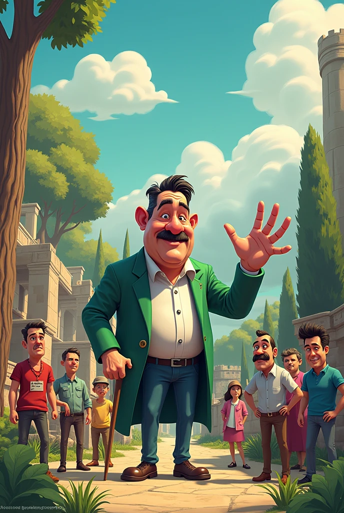 Let's create a cartoon about a historical park of Bulgaria, where the boss has an obsession with grandeur, and his subordinates are ready to die for him, no matter if he manipulates them financially