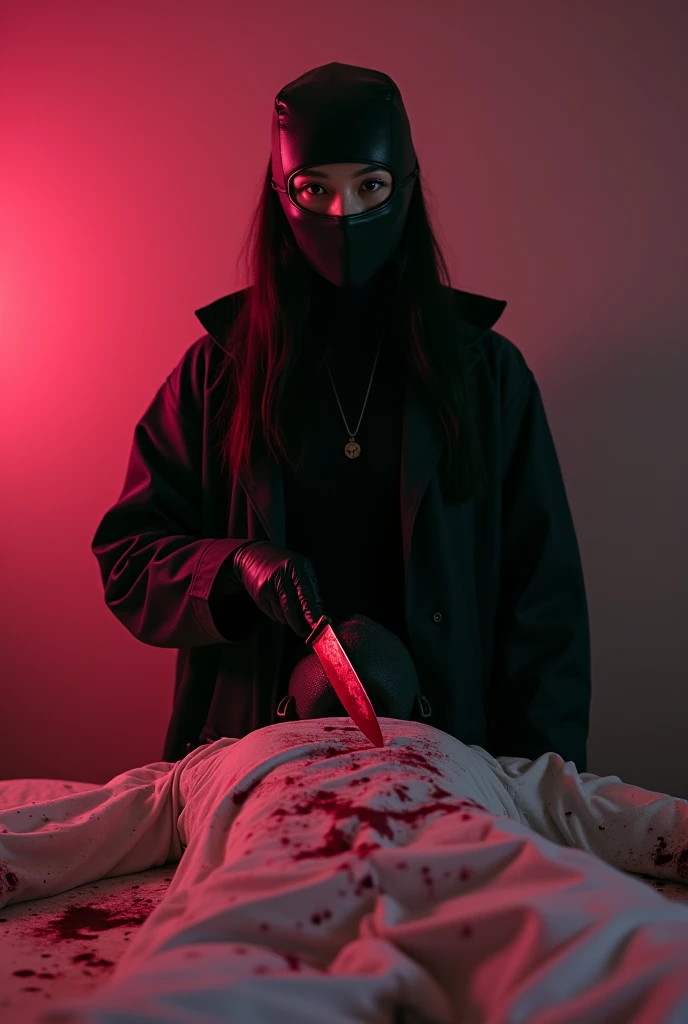 korean girl, (behind stiff, holding knife), stabbing, leather balaclava mask, black gloves, black raincoat, bloody knife, black gloves, woman on top, behind cadaver, blood splatter, on the bed, looking at viewer, mass murderer, killer, blood splatter, dark atmosphere, cinematic lighting, atmospheric realistic, [pink room:0.5]
