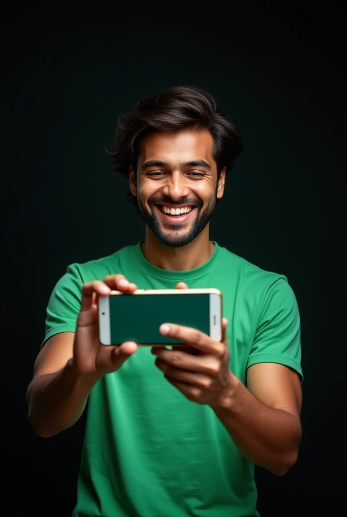 The image shows a young Indian man with long top short sides hair style, smiling and holding up a smartphone and screen of phone is ahead of camera in large image. He is wearing a green t-shirt and appears to be happy and excited. The background is black