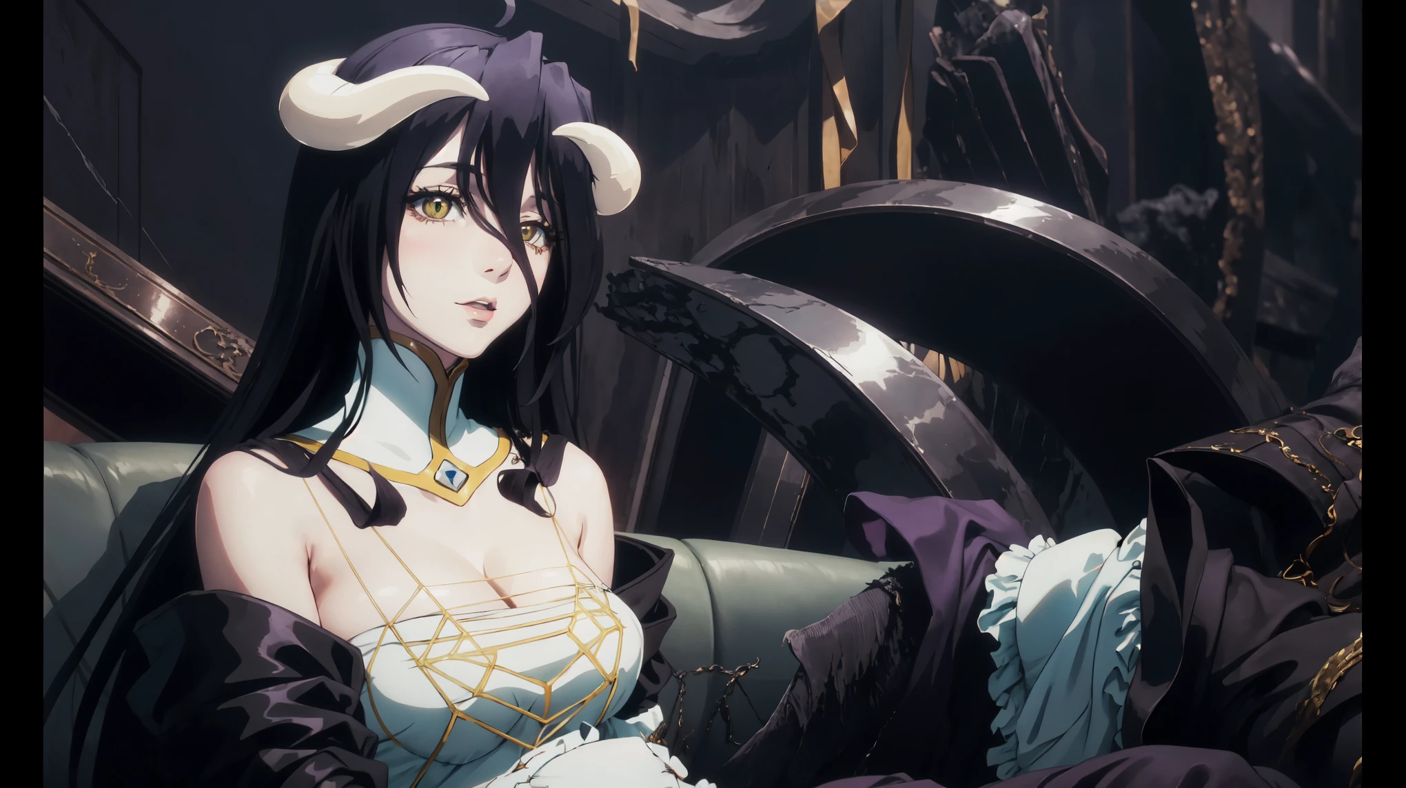 albedo, waifu aesthetic. Albedo sitting in a fancy couch. suit with patterns and details. Perfectly beauitful detailed face, sculpted and proportional body in a beautiful pose, high detail. big black wings folded against the body. perfect portrait concept art, Dark tones.Wear a black flower on your head，crisp breasts，Convex buttocks，Wearing a black gauze tights，Wearing a black military uniform overcoat，perfectly proportioned, filmgrain, Fujicolor, lightand shade contrast, 8k, Masterpiece, Textured skin, Super detail, high detal, High quality, A high resolution,