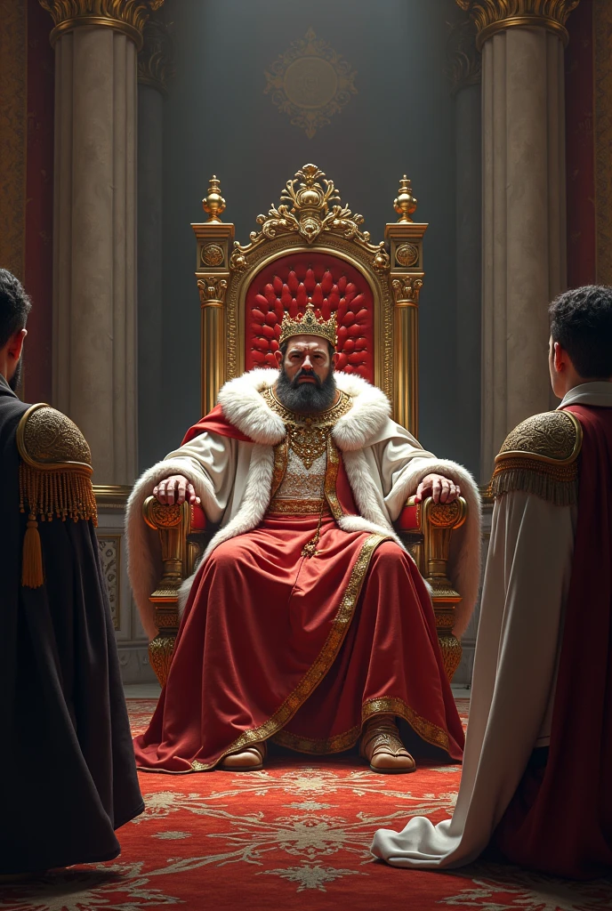 A king sitting on his throne with all the lords of the land kneeling before him