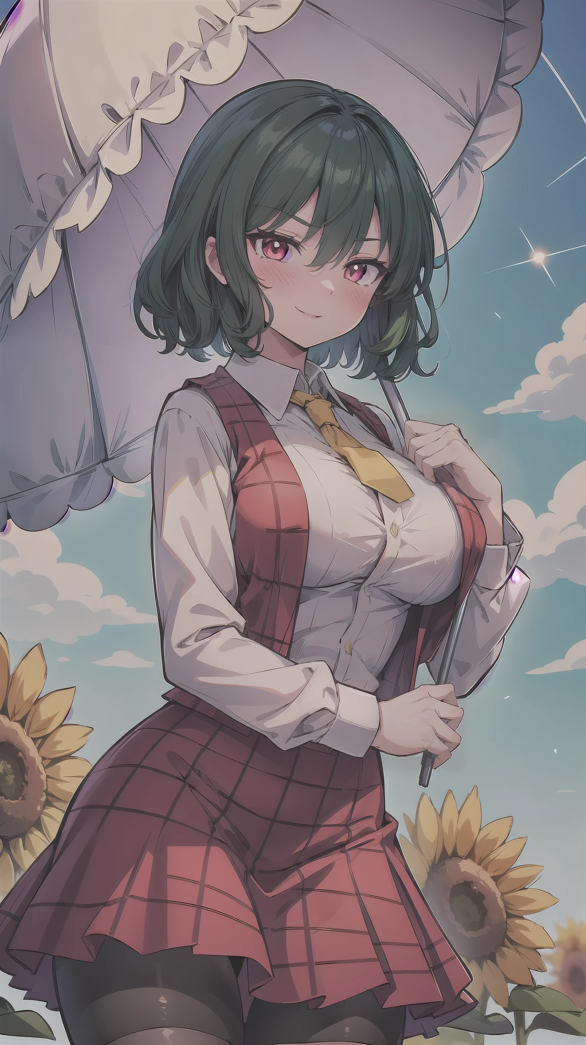 （（super high quality,Ultra-high resolution,16K,super masterpiece,Ultra HD ,Detailed shading,））One Woman,Wavy, shiny, bright emerald short hair,White dress shirt,Long sleeve,Yellow ruffled tie,（Unbuttoned red checked vest,Checkered red very long skirt,）Black tights,Ruby glowing eyes,Vertical pupil,Very aggressive look,Sharp Eyes,Smiling lips,blush,（（She is holding a large frilly pink parasol in one hand.,））a blue sky with clouds and sun,Sunflower field,