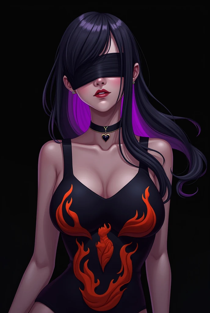 A stylized female character with long black hair and a purple highlight, wearing a blindfold. She has a choker with a heart pendant and a fitted top featuring a fiery design and a logo resembling a bird. The background is solid black, emphasizing her striking appearance and bold color scheme.