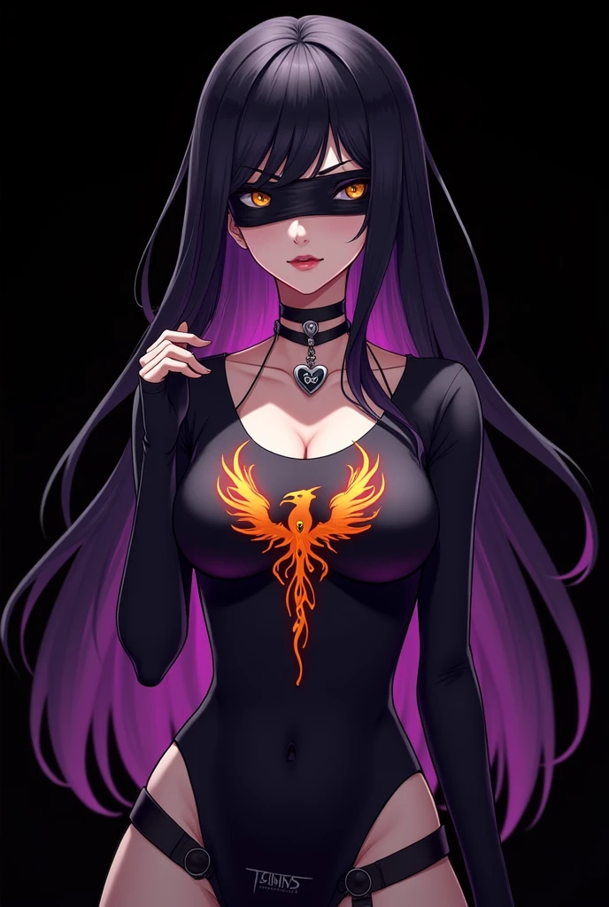 A stylized female character with long black hair and a purple highlight, wearing a blindfold. She has a choker with a heart pendant and a fitted top featuring a fiery design and a logo resembling a bird. The background is solid black, emphasizing her striking appearance and bold color scheme.