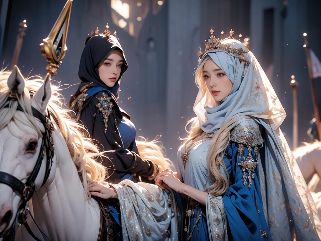Erect nipples trough dress, wearing a hijab , luxury hijab,crown luxury , blue eye, blond hair, around , (black dress ), tmasterpiece，Best quality at best，A high resolution，8K，((Portrait))，(upper front body)，Original photo，real photograph，digital photography，(Female princess in the medieval fantasy style), sexy princess ，blue eye， super colossal breast, round colossal breast ，open kissing lips，Keep your mouth shuegant and charming，((Blushing))，virgin contempt，Calm and handsome，(Medieval fantasy dress，The Beautiful super huge round breast, small waist, perfect colossal breast of princess body, a blue delicate pattern，silver Cloak)，(princes medieval character medieval fantasy style，oc render reflection texture, fighting style,  sexy colossal breast , palace background, slim body, very small waist, one person