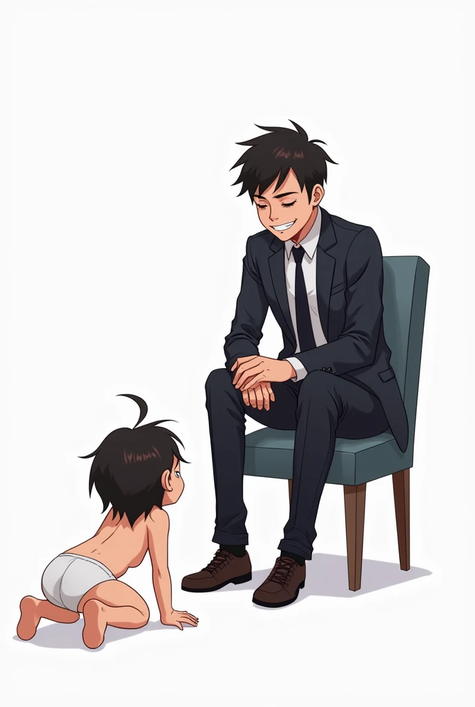 Sent by you:
You can draw a young girl in underwear crawling on all fours in a flirtatious manner towards a boy sitting in a chair, well dressed and wearing a tie and very gloomy with a Machiavellian smile on his face.. I want an animation a bit in anime style but not completely, rather a bit simpler and for the drawing not to have a background but to be white or the color of your preference.