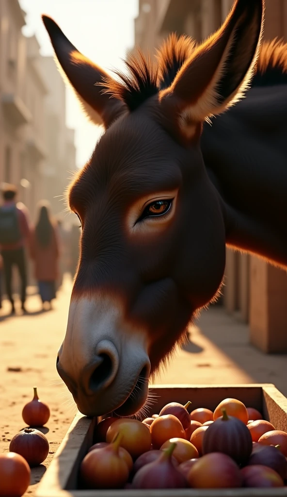Close-up shot, Low angle shot, (A close-up of the donkey, its dark brown fur illuminated by the warm sunlight, as it eagerly eats figs from a wooden trough. The figs are plump and juicy, with some scattered on the ground. The donkey’s eyes are half-closed in contentment, its jaw slowly moving as it chews. The background shows the legs of passersby and the dusty ground of the marketplace, creating a contrast between the simple creature and the bustling human world around it.) unreal engine, cinematic, hyper-real, highly detailed, Ultra realistic HD --q 2 --v 6.1 --ar 9:16