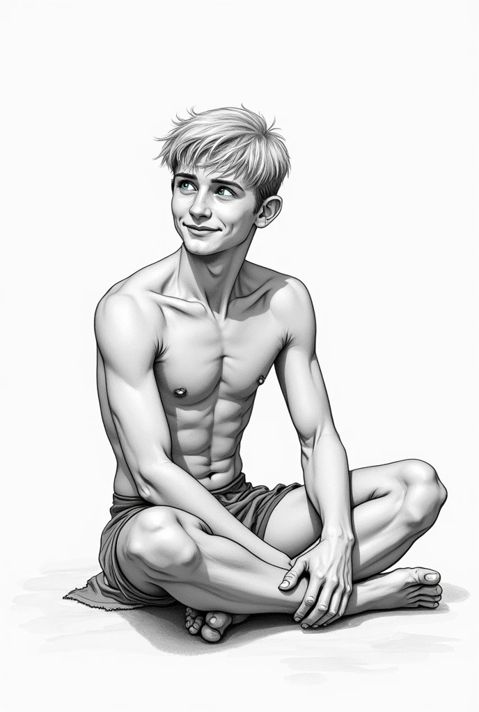 photograph by norman_rockwell+jc_leyendecker black and white lateral view, view from aside , full length drawing, of a young 15th century Nordic blonde strong toned body white skin shirtless, wearing thong, barefoot, blonde hair blue eyes beardless, gentle look, shirtless, sitting on the floor , showing his detailed feet, focus on the body and facial expression of happiness, Joy sketch, focus on his feet,