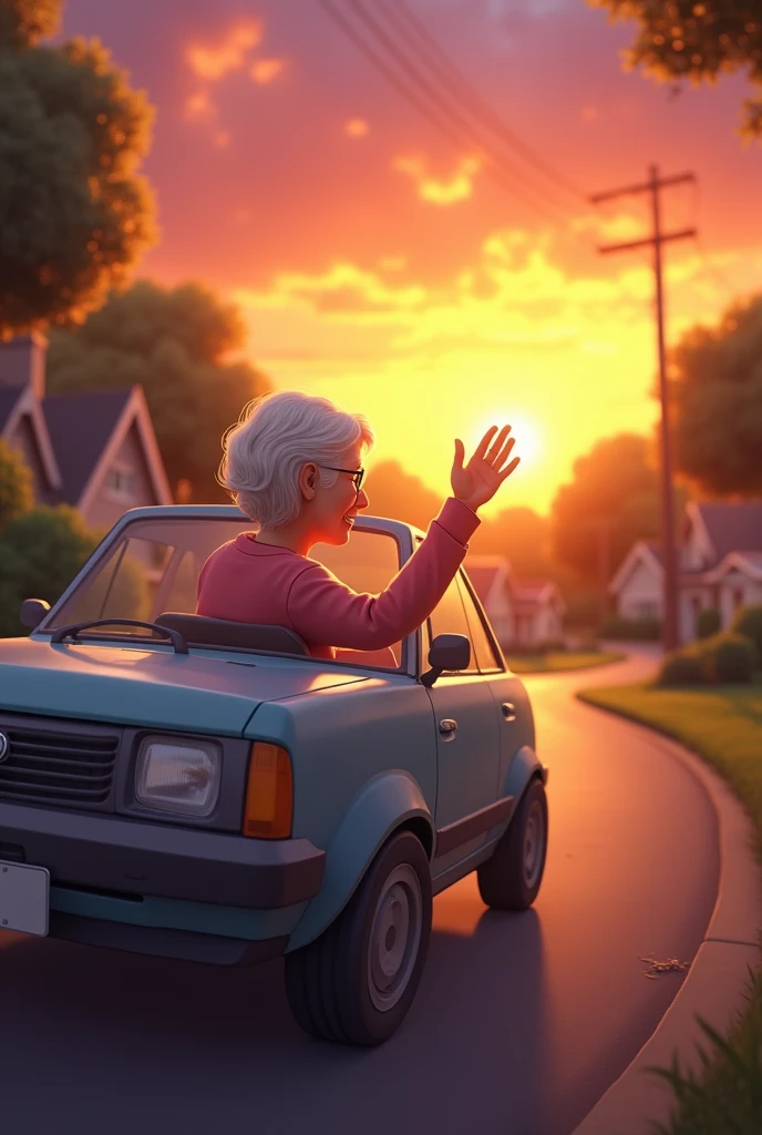 Mrs, the car returning home under the sunset, waving to friends