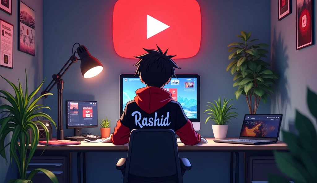 create a image of a 18 years anime boy sitting in front of a computer desk with a microphone and laptop wearing red and black hoodie with the channel name on it rashid tha background includes a large youtube logo on tha wall potted plants on either side and various recording equipment