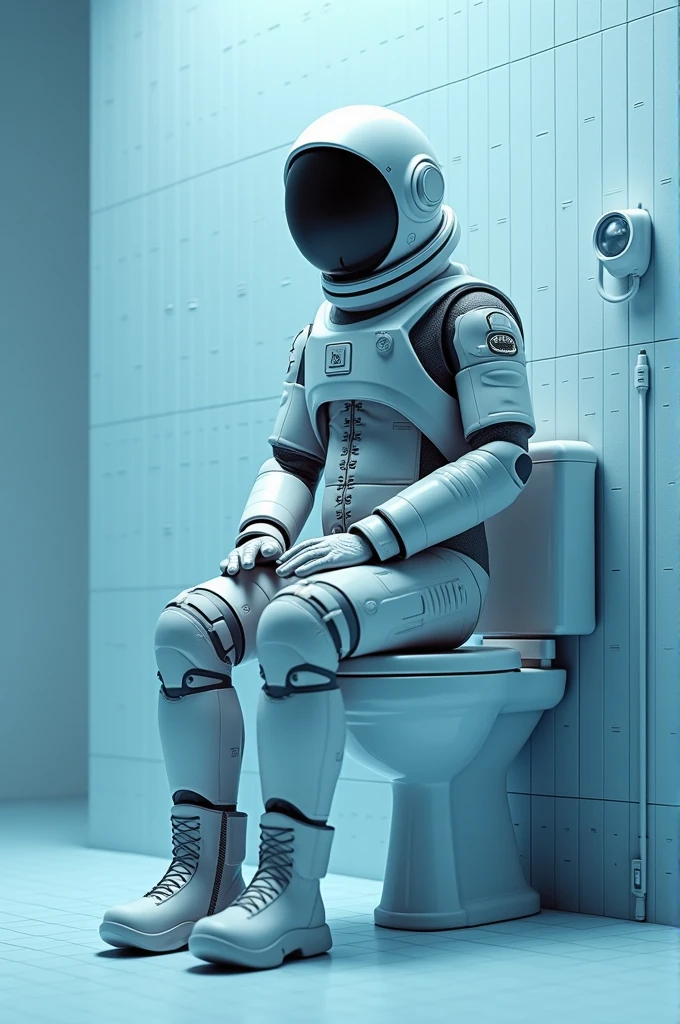 An astronaut wearing a spacesuit is sitting on a toilet and urinating, the background grid behind is blue, a transparent pipe comes out of the astronaut's penis