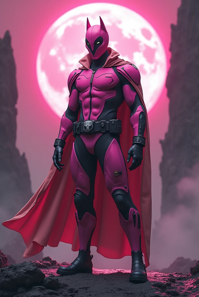 high-tech suit, vivid effects, malaysian superhero (KELUANG MAN) in a striking pink and beige costume cyberpunk design, mask small mini bat ear beige, daredevil biage mask, jumpsuit dark pink stands confidently in a dramatic, stormy landscape. ((Head covered node guard like batman , athletic body type, small mini ear bat mask))The character wears domino mask a helmet with pointed mini torn ears and a flowing cape biege, open nose and mouth. Equipped with visible futuristic weapons on a belt,bullet proof jacket pink dark day, dark night, big supermoon effect .logo on chest triangle shape small punisher logo center triangle cyber logo center on chest pink logo mini logo . rocky. Building top. , adding to --ar 3:4 --style raw --stylize 500 --v 6.1