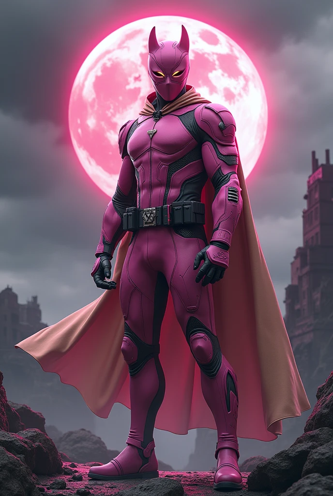 high-tech suit, vivid effects, malaysian superhero (KELUANG MAN) in a striking pink and beige costume cyberpunk design, mask small mini bat ear beige, daredevil biage mask, jumpsuit dark pink stands confidently in a dramatic, stormy landscape. ((Head covered node guard like batman , athletic body type, small mini ear bat mask))The character wears domino mask a helmet with pointed mini torn ears and a flowing cape biege, open nose and mouth. Equipped with visible futuristic weapons on a belt,bullet proof jacket pink dark day, dark night, big supermoon effect .logo on chest triangle shape small punisher logo center triangle cyber logo center on chest pink logo mini logo . rocky. Building top. , adding to --ar 3:4 --style raw --stylize 500 --v 6.1
