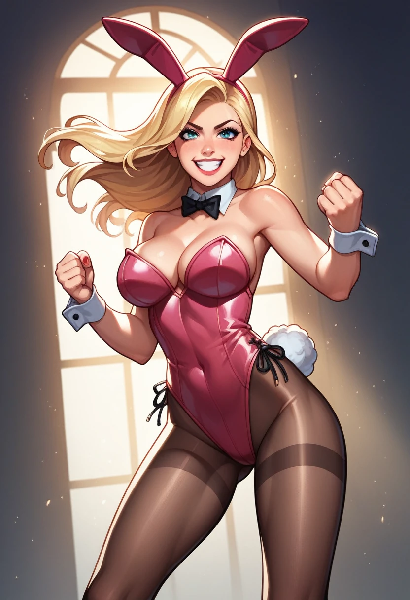 ((work of art, best qualityer)),standing alone,1 girl, Lolaloud, lola tall, breasts big, high resolution, hair blonde, evil smile, Grinning, pretentious smile, Furiosa, Jumpy, detailded, soft lighting, plein-air, pantyhose, lingerie, Playboy Bunny, Pink Bunny Suit, bunny ears, bunny tail, fund : becos,posture of fight, punching