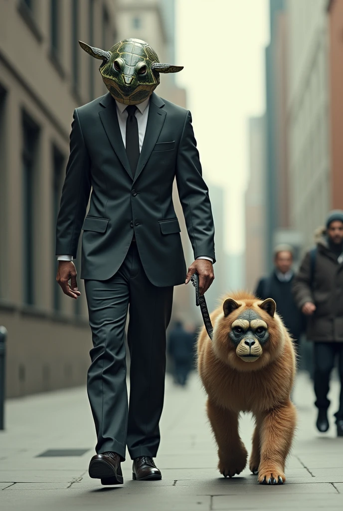 A person in a suit with a turtle mask walking a dog wearing a gorilla mask