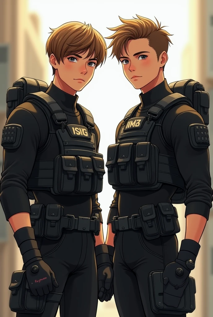 Create a 2 guy, clear skin, Honey eyes, Light brown hair, muscular, delgado, innocent face, dressed in a well-equipped black combat suit