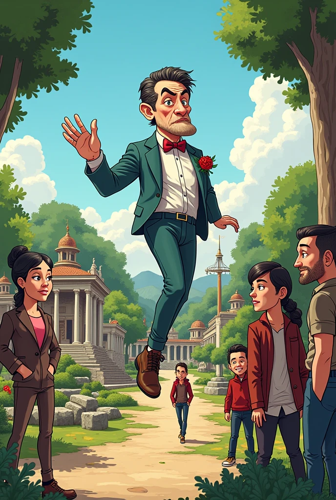 Let's create a cartoon about a historical park of Bulgaria, where the boss has an obsession with grandeur, and his subordinates are ready to die for him, no matter if he manipulates them financially