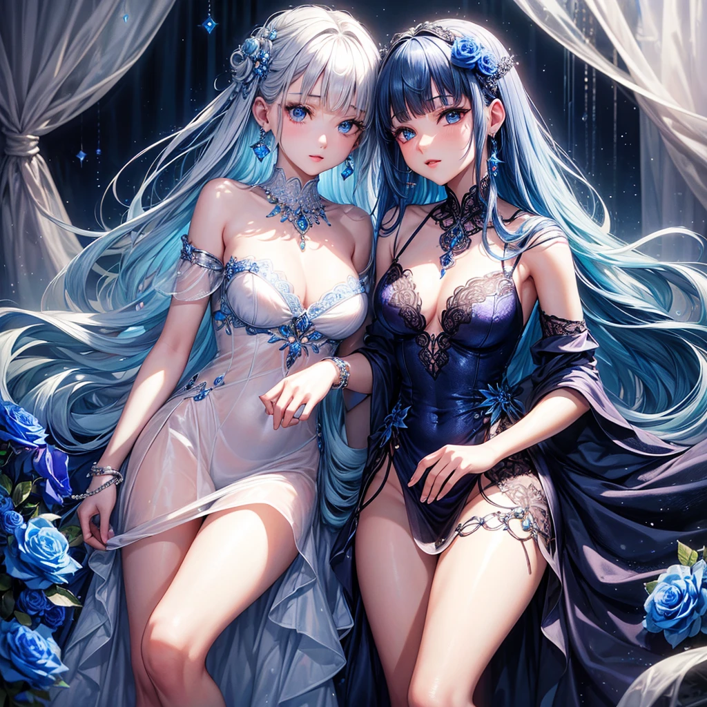 ((Highest quality)),(Ultra-high resolution),A deep blue rose cocktail dress,Highly detailed CG Unity 8k wallpaper, Cool, lots of Earrings, Earrings, Blue hair, Curly Hair, Blunt bangs, Straight bangs, Blue eyes, White skin, Gal, Improve、Flat Chest、Reduce exposure