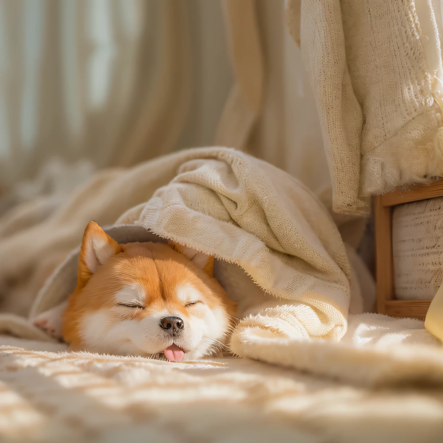 a cute shiba inu girl sleeping on a bed, beautifully detailed face, adorable, fluffy fur, peaceful expression, cozy bedroom interior, natural lighting, soft colors, (best quality,4k,8k,highres,masterpiece:1.2),ultra-detailed,(realistic,photorealistic,photo-realistic:1.37),HDR,professional,warm tones