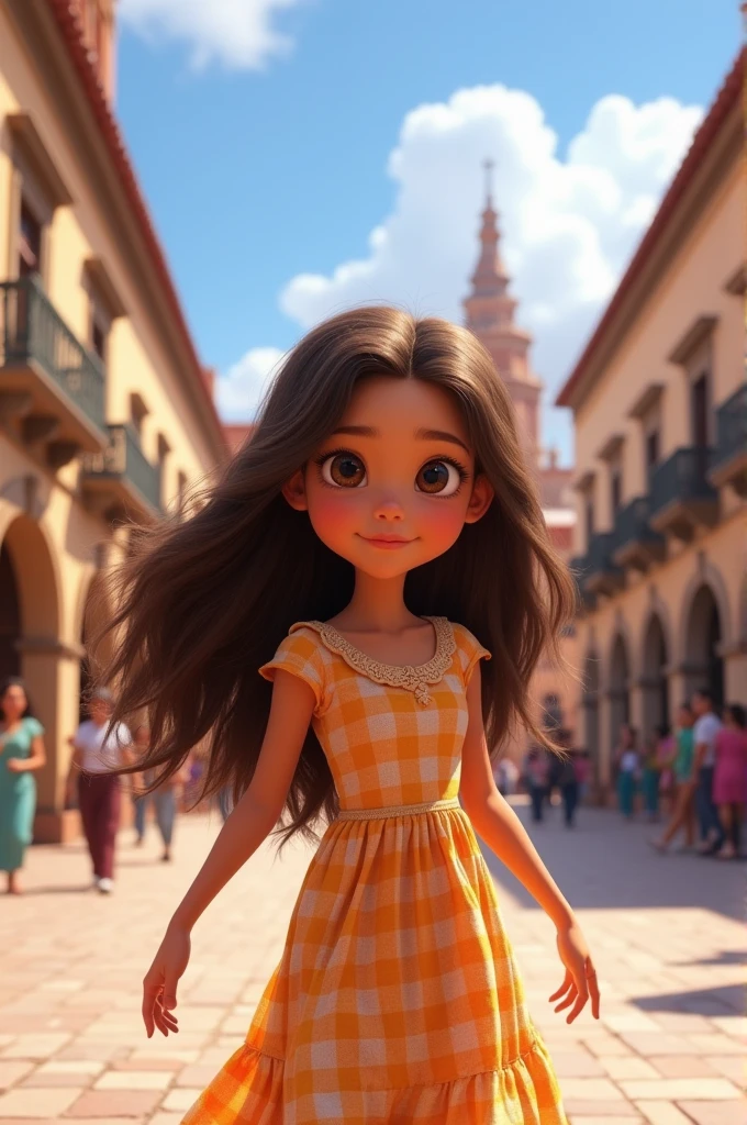 Long haired girl ,brown eyes and a checkered dress, she will be , walking in the Plaza de Armas in Arequipa, Disney Pixar drawing