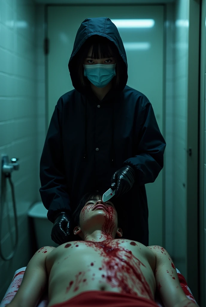 korean girl, (behind stiff, holding knife), stabbing, surgical mask, black leather gloves, bath room, black raincoat, hood up, holding knife, leather gloves, woman on top, behind cadaver, looking at viewer, blood splatter, night, mass murderer, killer, short hair, blood splatter, tripod and camera in the back, shooting with camera
