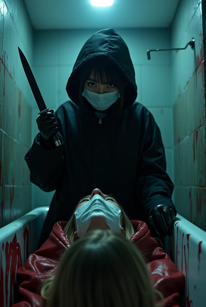 korean girl, (behind stiff, holding knife), surgical mask, black leather gloves, bath room, black raincoat, hood up, holding knife, leather gloves, woman on top, behind cadaver, looking at viewer, blood splatter, night, mass murderer, killer, short hair, blood splatter, dark atmosphere, cinematic lighting, atmospheric realistic, neon lighting, tripod and camera in the back, shooting with camera
