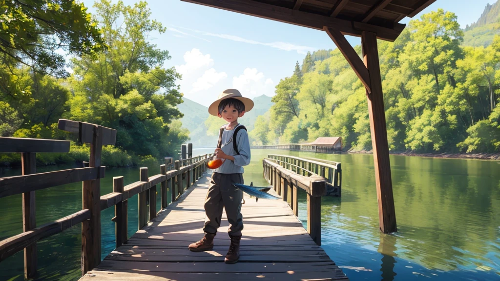 good-natured boy in a hat, sits on a wooden bridge, catches fish, hat, boy on the bridge, catches fish