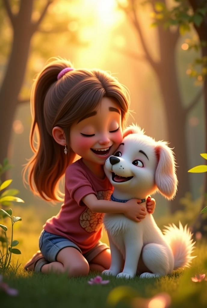 Reunion Scene: Capture the moment when Sara frees Snowy and hugs him tightly. Both are smiling, and the scene is filled with warmth and relief. The background shows the forest, now calming as the day ends, with a soft glow from the setting sun.

Image style should be 3D animation, Vibrant, hyper-realistic, 8k ultra HD pixel style, disney style cinema 4d)