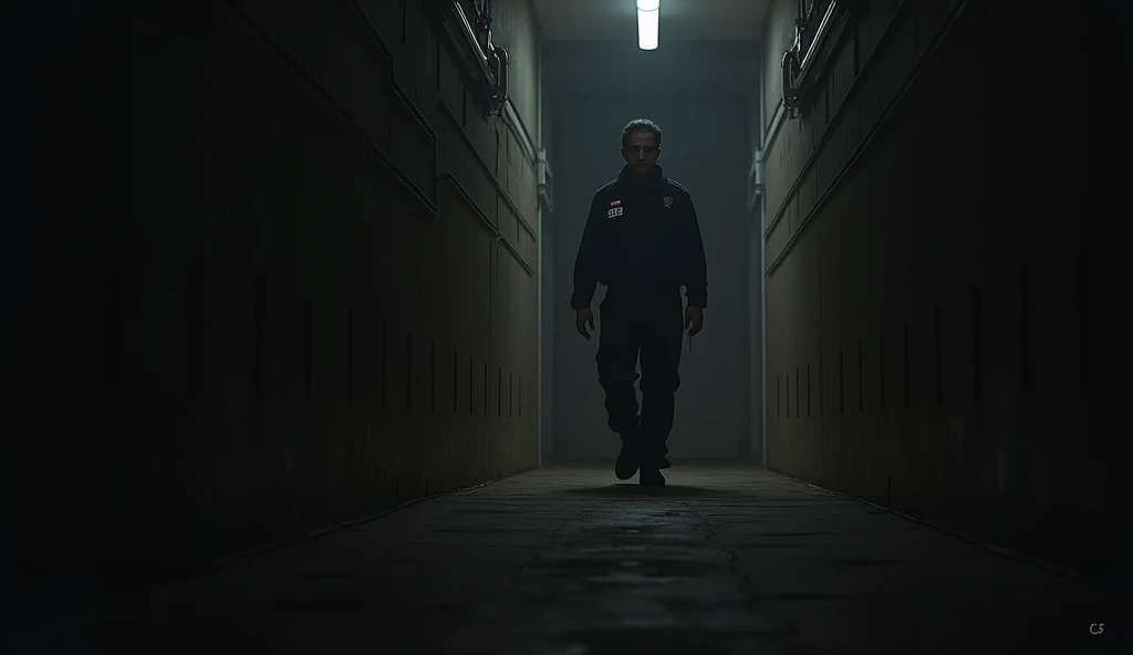 A seasoned security guard named Thanawat walks down an empty corridor, his footsteps echoing in the silence. The atmosphere is tense and mysterious, with an eerie sense of something hidden in the darkness."
