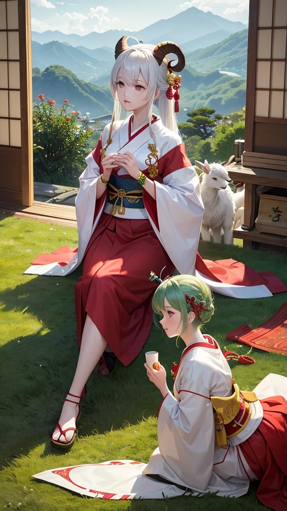 Title: Mythical Encounter in the Hills

Description: Create a digital artwork featuring two characters in a lush, green landscape with rolling hills and a clear sky. The scene should blend traditional Japanese elements with mythical themes, creating an intriguing narrative.

Characters:

Foreground Character:
Appearance: Mythical creature with green skin, long white hair, and large curved horns, resembling a humanoid goat.
Attire: Adorned with red and gold bracelets, intricate white markings on the face.
Pose: Seated on the grass with one hand resting on the ground and the other holding a red string or thread.
Expression: Calm and contemplative.
Background Character:
Appearance: Human figure wearing traditional Japanese attire, possibly a kimono with white fabric and red patterns.
Hair: Black, styled in an updo with red ornaments.
Pose: Standing behind the mythical creature, facing away from the viewer, looking towards the horizon.
Expression: Serene and thoughtful.
Setting:

Location: Lush, green landscape with rolling hills and distant mountains.
Time of Day: Daytime with a clear sky and soft sunlight.
Atmosphere: Peaceful and serene, with a sense of harmony between the characters and their surroundings.
Details:

Lighting: Use soft, natural lighting to highlight the characters and create a sense of depth.
Costume Design: Reflect traditional Japanese attire with attention to detail in patterns and accessories.
Atmosphere: Incorporate elements like gentle sunlight and subtle shadows to enhance the tranquil mood.
Text Elements:

Top Right Corner: Japanese character “理” (meaning “reason” or “logic”).
Bottom Left Corner: Japanese text &quot;Really scary fairy tales&quot; (translates to “truly scary fairy tales”).