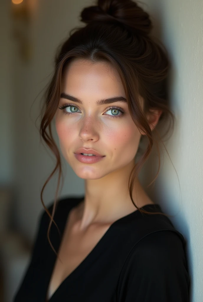 Beautiful brunette woman (Mensurations corporelles 90 60 120) he . Brown Hair Color with a Pretty Face., bun with her hair, yeux bleus parfaits. Tahe du corps B. fhe, Brown Hair Color with a Pretty Face., porter un haut ???? tout en s&#39;leaning against a wall, very detailed, visage innocent, yeux bleus parfaits. Tahe du corps B. natural hair. shot with Canon, 85mm, High Definition Quality, 8k, young female, 26 ans. head of&#39;artwork, photo realistic, intricate details, photo brute, ultra detailed