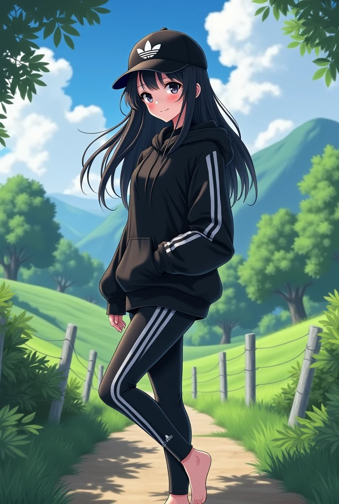Sexy anime girl, black hair, wear black adidas slippers, black eyes, barefoot, wear black adidas cap, wear black adidas hood, wear black adidas leggings, background is countryside