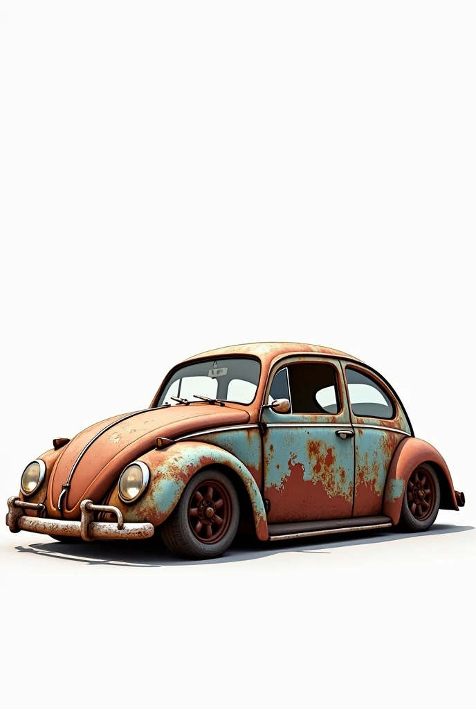 Create a cartoon-style character of an old, rusty VW Beetle car. The car should have a worn and weathered appearance, with visible rust patches and aged metal. The scene is set against a completely white background with no shadows. The Beetle should be fully rendered in animation style, with sharp, high-quality details, emphasizing the texture of the rust and the aged surface. Ensure that the entire car is within the frame, with no parts cut off or outside the edges of the image, UHD, masterpiece, textured surface, super detail, high quality, 8k.