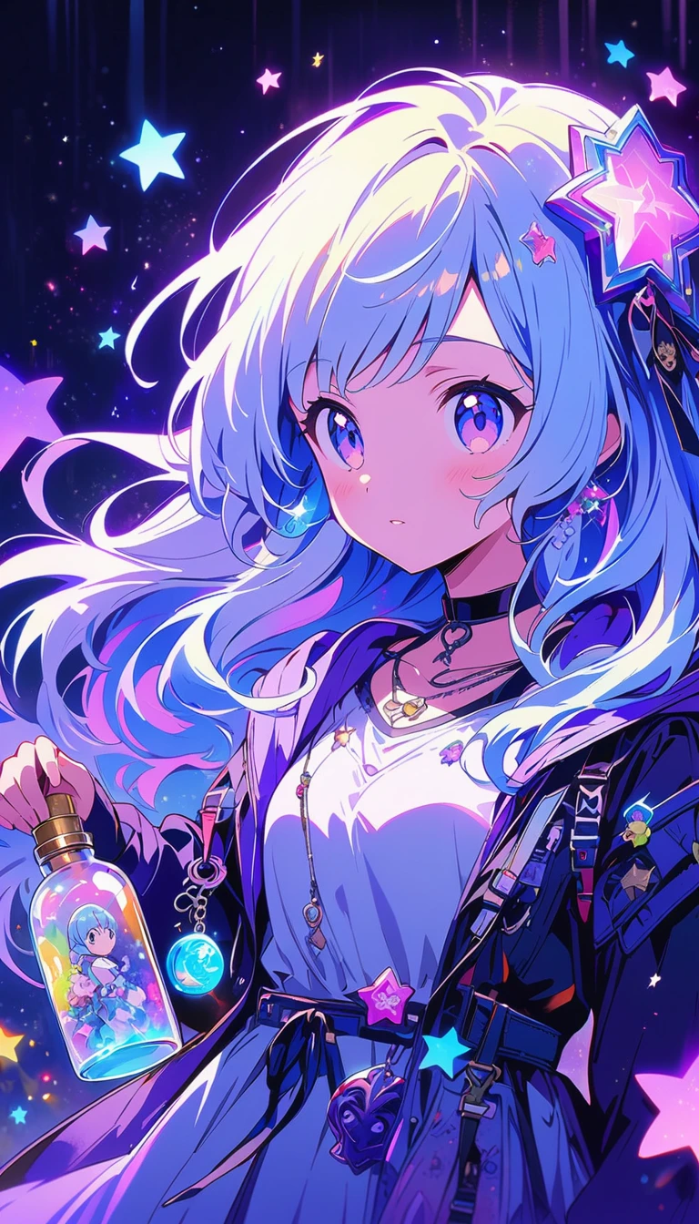 Keychain Cyan Moon Magic Bottle，Colorful lights flashing in the transparent glass，There are detailed stars in the background，Anime art style，Detailed Disney character designs，With detailed illustrations。It has twinkling effects and glowing stars，Light purple and white background，Purple theme，Glowing colors，There are twinkling stars around