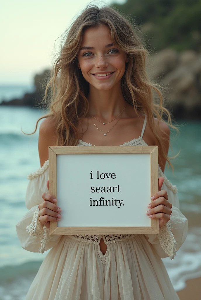 Beautiful girl with wavy long hair, bohemian dress, holding a white board with text "I Love Seaart Infinity" and showing it to the viewer