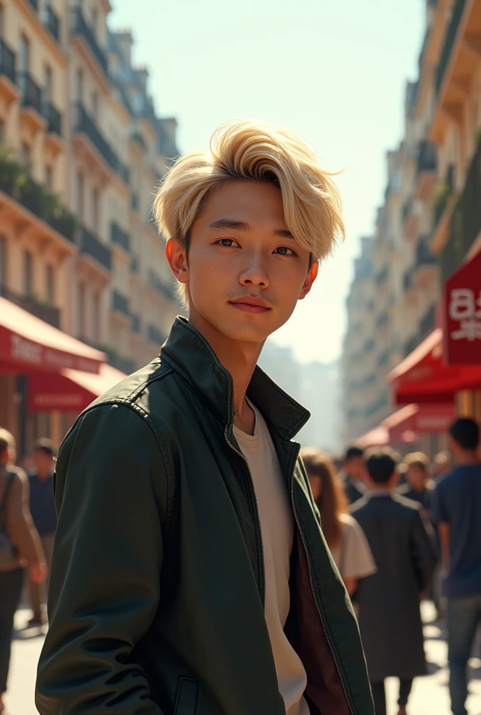 A young blond Chinese man, on the streets of Paris