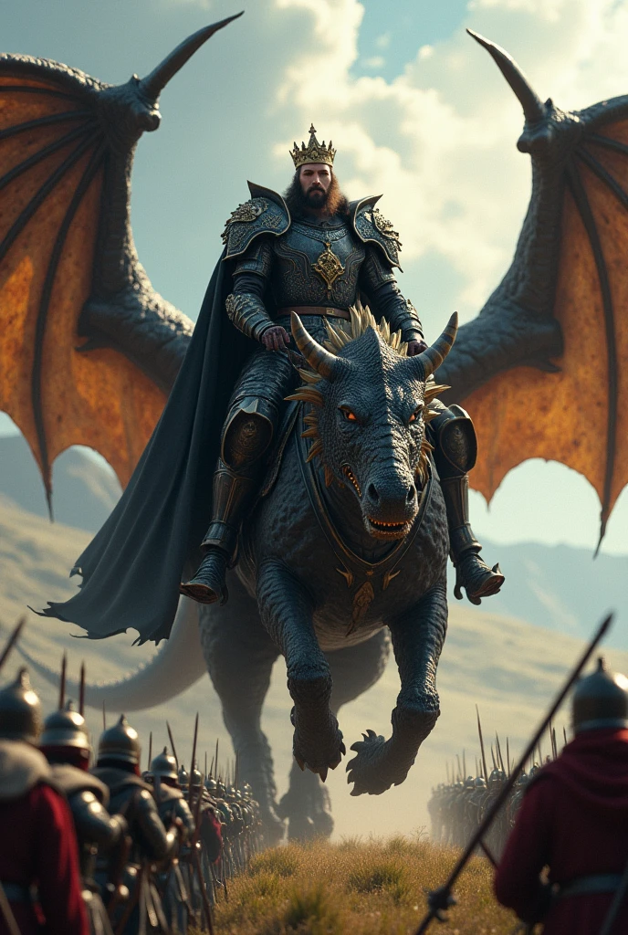 A king leading his army from the back of a dragon, wearing his crown and black armor to the battlefield 